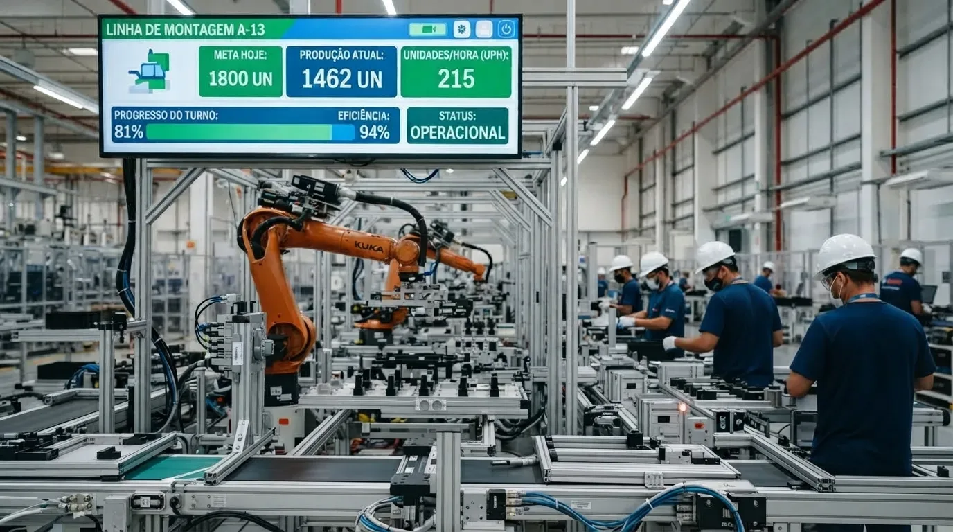 Uma visão panorâmica de uma linha de montagem automatizada em uma fábrica moderna. Vários trabalhadores em capacetes brancos e camisetas azuis estão posicionados ao longo de uma linha de transportador. Um braço robótico KUKA laranja está integrado à linha. Acima, um monitor grande exibe dados de desempenho em tempo real para a "LINHA DE MONTAGEM A-13", mostrando métricas como meta, produção atual, eficiência e status operacional.
