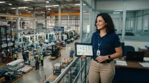 Uma gestora sorridente em um mezanino corporativo com guarda-corpo metálico, vestindo camisa polo azul escuro e crachá. Ela segura um tablet industrial que exibe um painel de indicadores e gráficos de desempenho logístico. Ao fundo, observa-se a visão ampla do chão de fábrica de uma planta industrial com linhas de montagem, pontes rolantes e operadores.