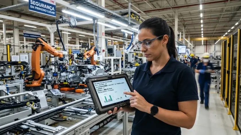 Fotografia em plano médio de uma supervisora de óculos de proteção utilizando um tablet industrial reforçado para consultar indicadores de desempenho. Ela está em frente a uma linha de montagem automatizada com robôs industriais KUKA e sinalização de segurança ao fundo.