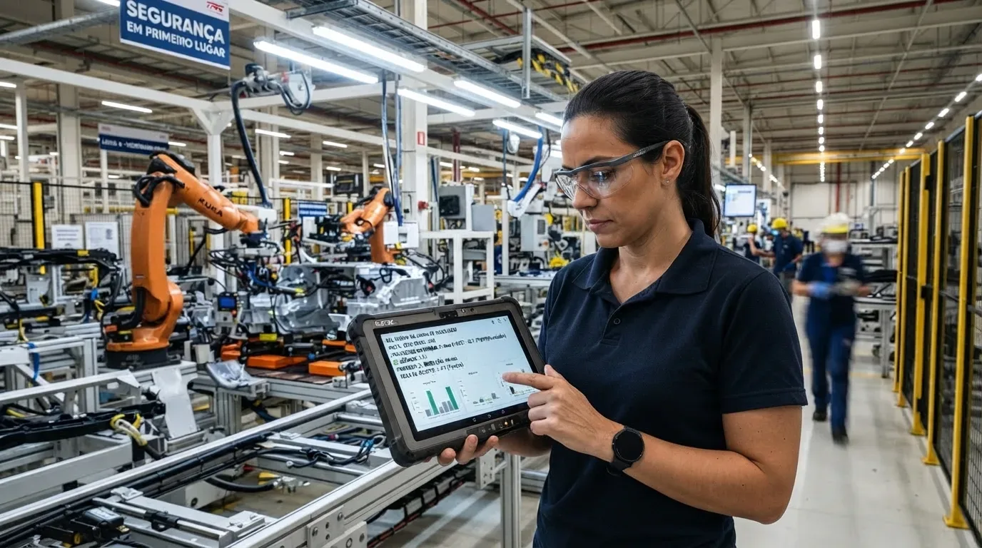 Fotografia em plano médio de uma supervisora de óculos de proteção utilizando um tablet industrial reforçado para consultar indicadores de desempenho. Ela está em frente a uma linha de montagem automatizada com robôs industriais KUKA e sinalização de segurança ao fundo.