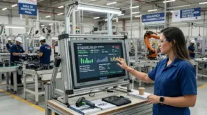 Uma engenheira de óculos de proteção interagindo com um painel industrial touchscreen que exibe o status "OPERACIONAL" e gráficos de desempenho de produção. A bancada da estação de controle possui leitor de código de barras, tablet e caderno. Ao fundo, veem-se operadores de capacete na "ÁREA DE MONTAGEM FINAL", braço robótico KUKA e a placa de certificação "EMPRESA CERTIFICADA ISO 9001".