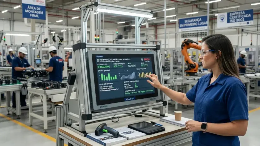 Uma engenheira de óculos de proteção interagindo com um painel industrial touchscreen que exibe o status "OPERACIONAL" e gráficos de desempenho de produção. A bancada da estação de controle possui leitor de código de barras, tablet e caderno. Ao fundo, veem-se operadores de capacete na "ÁREA DE MONTAGEM FINAL", braço robótico KUKA e a placa de certificação "EMPRESA CERTIFICADA ISO 9001".