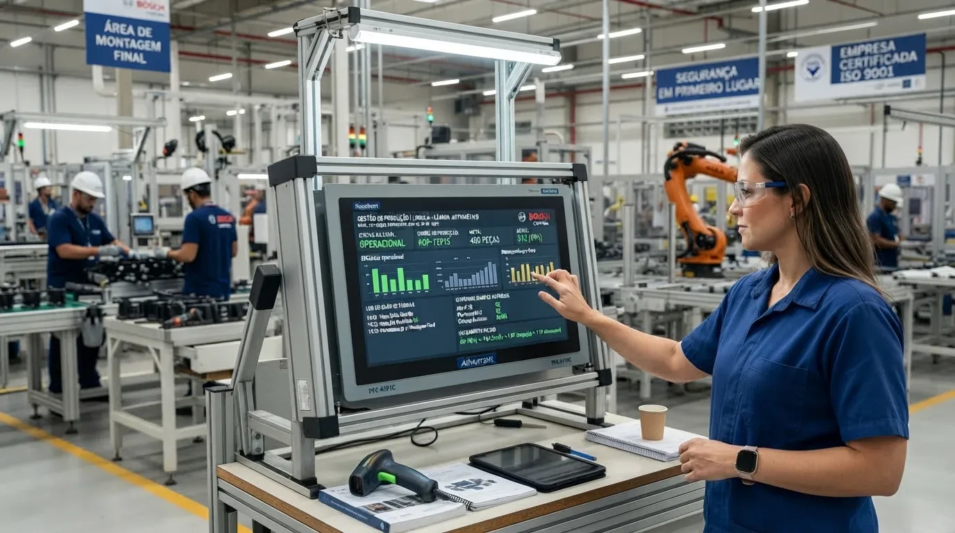 Uma engenheira de óculos de proteção interagindo com um painel industrial touchscreen que exibe o status "OPERACIONAL" e gráficos de desempenho de produção. A bancada da estação de controle possui leitor de código de barras, tablet e caderno. Ao fundo, veem-se operadores de capacete na "ÁREA DE MONTAGEM FINAL", braço robótico KUKA e a placa de certificação "EMPRESA CERTIFICADA ISO 9001".