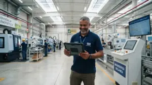 Um gestor sorridente vestindo camisa polo da WEG, consultando dados em um tablet industrial no centro do chão de fábrica. Ao seu lado, observa-se um terminal de controle com a inscrição "INVERSORES SOLARES" e um painel aéreo de métricas operacionais. Ao fundo, veem-se robôs industriais, operadores em estações de usinagem e a sinalização de "EFICIÊNCIA ENERGÉTICA".