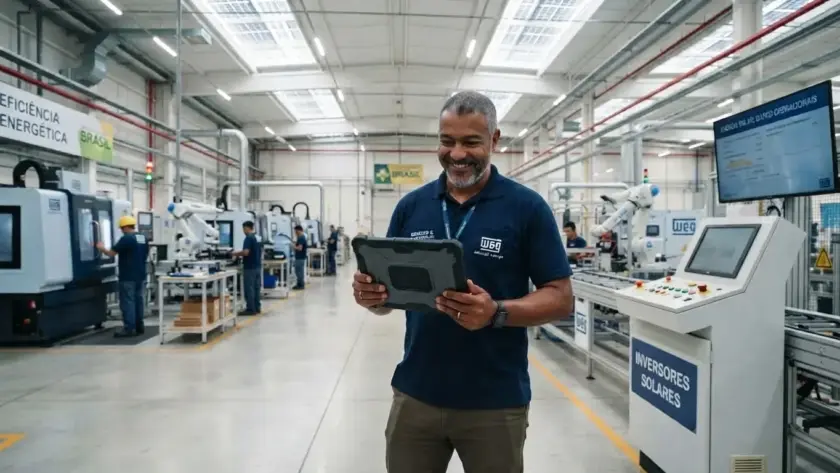 Um gestor sorridente vestindo camisa polo da WEG, consultando dados em um tablet industrial no centro do chão de fábrica. Ao seu lado, observa-se um terminal de controle com a inscrição "INVERSORES SOLARES" e um painel aéreo de métricas operacionais. Ao fundo, veem-se robôs industriais, operadores em estações de usinagem e a sinalização de "EFICIÊNCIA ENERGÉTICA".