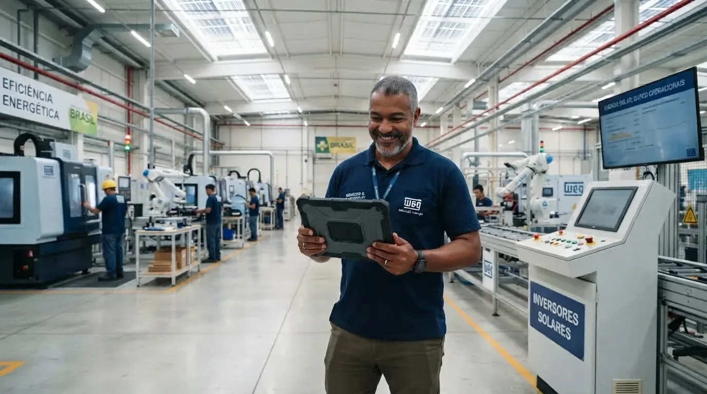 Um gestor sorridente vestindo camisa polo da WEG, consultando dados em um tablet industrial no centro do chão de fábrica. Ao seu lado, observa-se um terminal de controle com a inscrição "INVERSORES SOLARES" e um painel aéreo de métricas operacionais. Ao fundo, veem-se robôs industriais, operadores em estações de usinagem e a sinalização de "EFICIÊNCIA ENERGÉTICA".