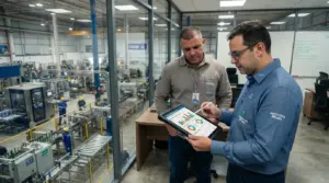 Fotografia em plano médio de dois gestores industriais em um escritório envidraçado. O profissional à direita, vestindo camisa polo da INDÚSTRIA BRASIL, utiliza uma caneta digital para analisar gráficos de desempenho em um tablet mantido por seu colega. Ao fundo, através da parede de vidro, observa-se a visão ampla da planta fabril com esteiras rolantes, linhas de montagem e equipamentos da marca WEG.
