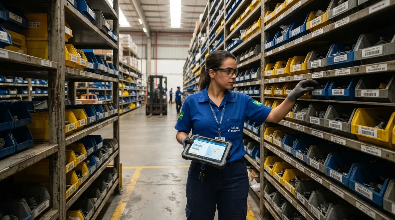 Uma operadora de óculos de proteção e uniforme azul segurando um tablet industrial reforçado com mapa de localização de estoque. Ela alcança uma caixa de peças em uma estante de almoxarifado repleta de gaveteiros amarelos e azuis identificados por códigos. Ao fundo do corredor, observam-se uma empilhadeira e outro funcionário.