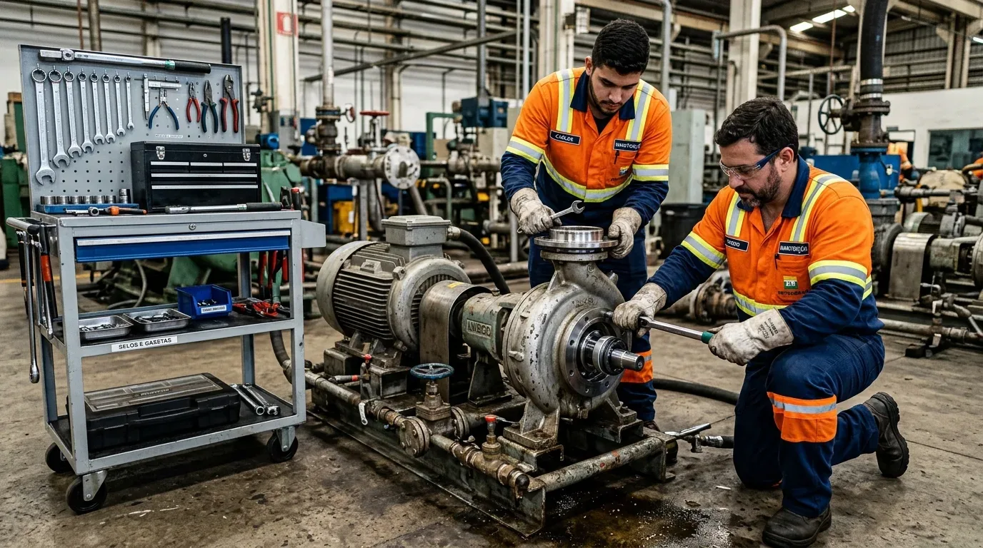 Dois mecânicos com fardas reflecionantes laranjas e azuis reparam uma grande bomba industrial na fábrica, utilizando chaves de aperto e ferramentas de um carro de apoio organizado ao lado.