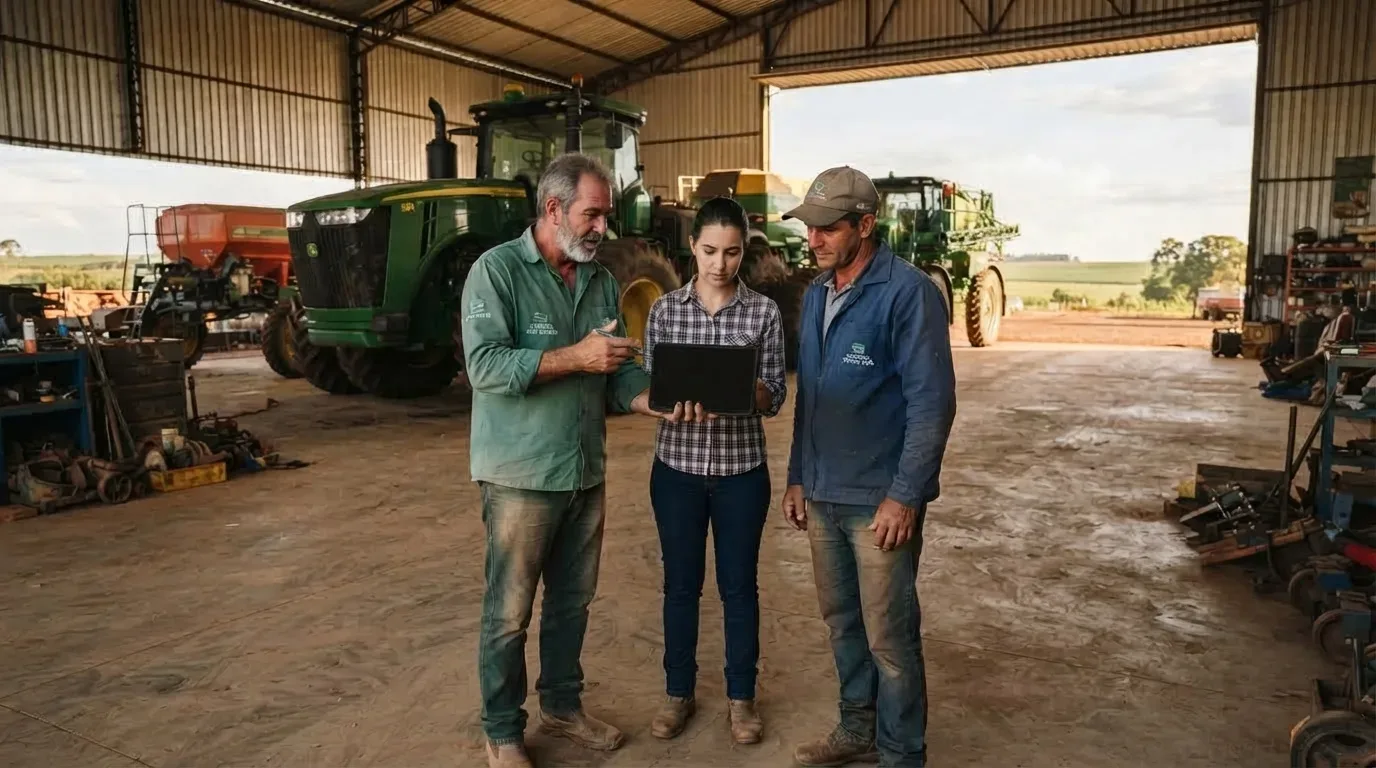 Fluxo ilustrado entre lavoura, armazenagem, insumos e transporte de produtos agrícolas