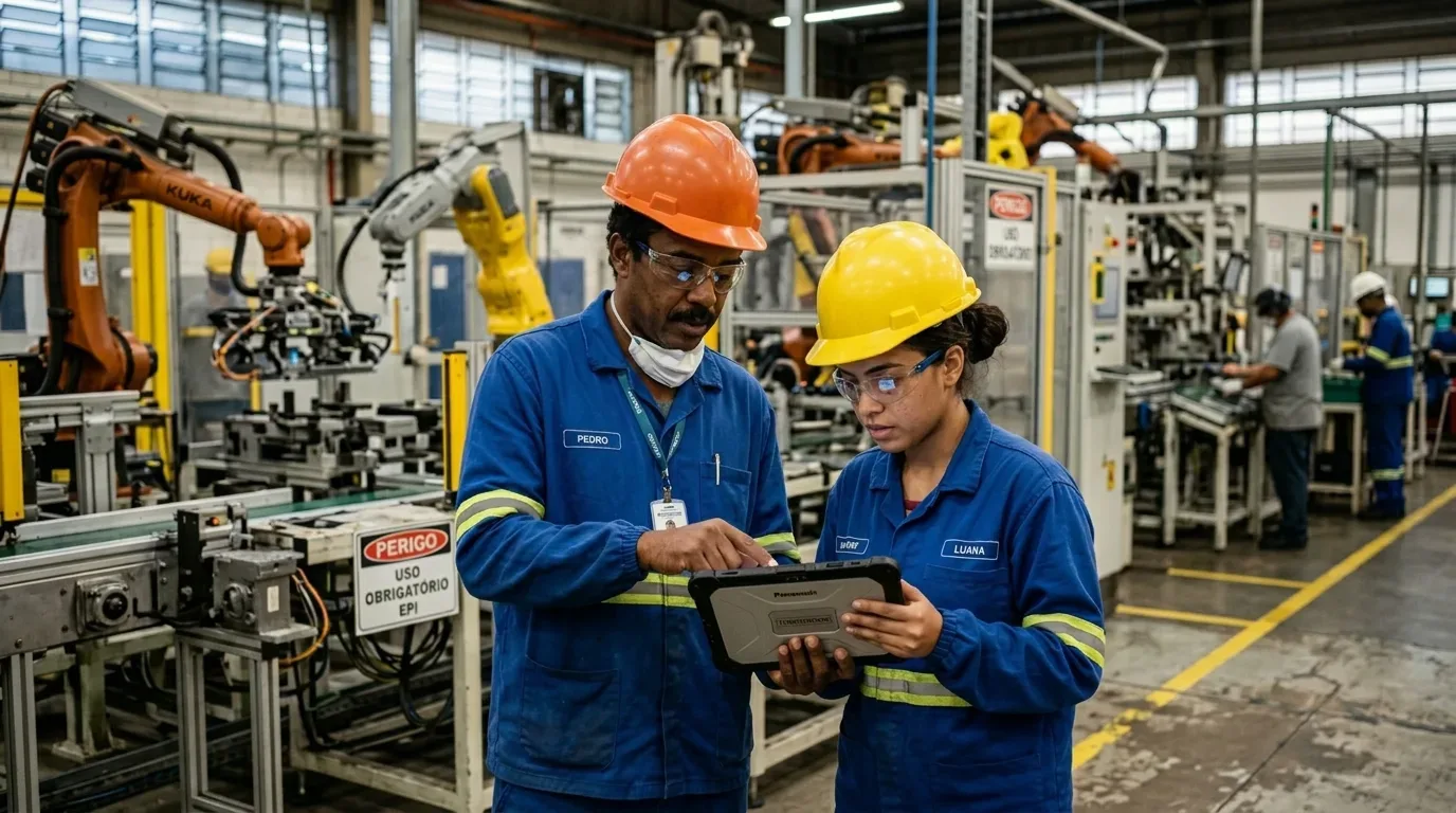 Dois operadores industriais fardados — ele de capacete laranja e ela de capacete amarelo — analisam dados num tablet em frente a uma linha de montagem automatizada com braços robóticos ao fundo.