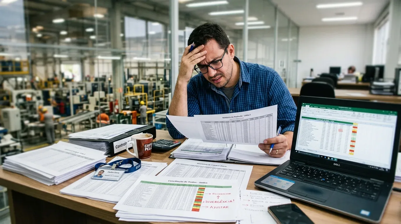 Analista de produção no escritório de uma fábrica, com expressão de frustração, analisando relatórios impressos e planilhas com a anotação "DIVERGÊNCIA!" ao lado de um notebook