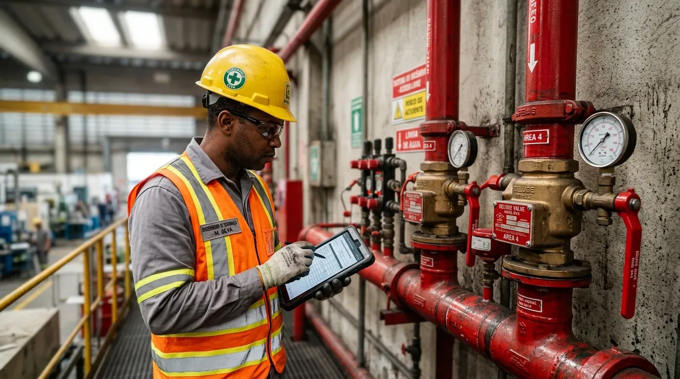 Um inspetor de segurança de capacete amarelo e colete refletor laranja regista informações num tablet enquanto examina uma tubagem de combate a incêndios equipada com manómetros e válvulas numa fábrica.