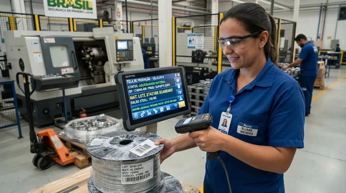 Uma operadora com identificação em nome de "ELIANE MENDES" utilizando um leitor de código de barras manual para escanear um carretel de fio de alumínio. Ao lado, um tablet industrial exibe a "TELA DE PRODUÇÃO - CÉLULA 4" registrando a mensagem "MAT. LOTE 87431BR SCANEADO", em uma área fabril com máquinas CNC ao fundo.