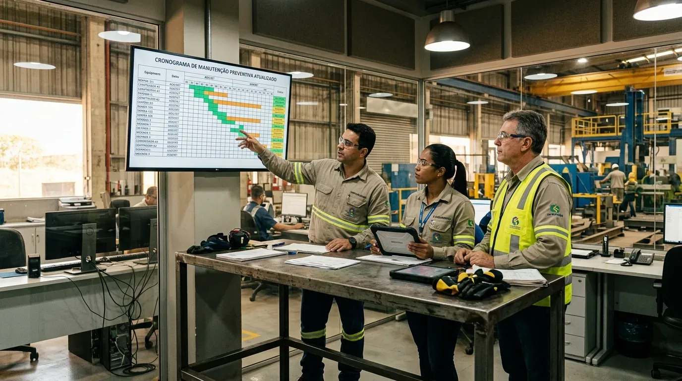 Três engenheiros com fardas de trabalho e coletes de alta visibilidade analisam um cronograma de manutenção preventiva num grande ecrã fixado na parede, enquanto um deles aponta para o gráfico sobre uma mesa num escritório com vista para o chão de fábrica.