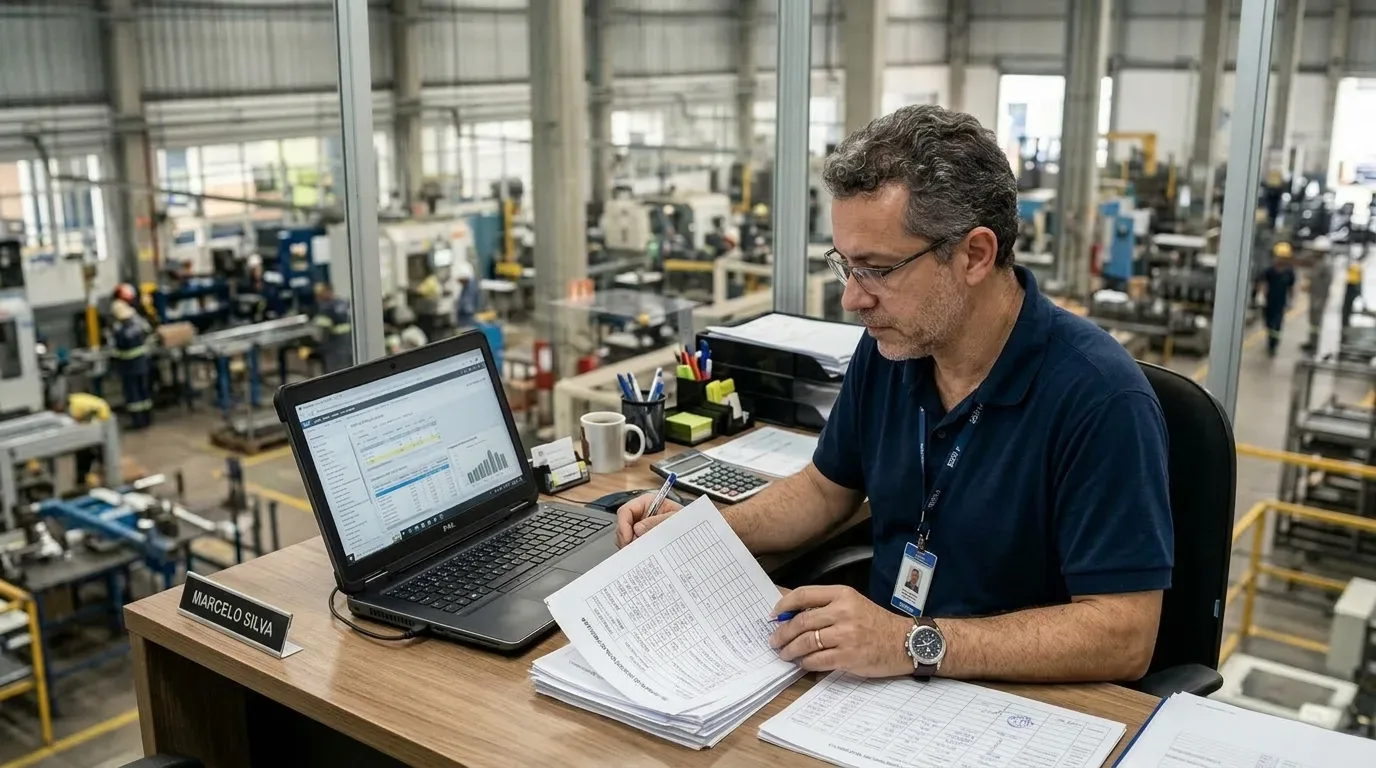 Um gestor de óculos e crachá analisa relatórios em papel numa secretária com computador portátil, num escritório com divisórias de vidro com vista para o chão de fábrica.