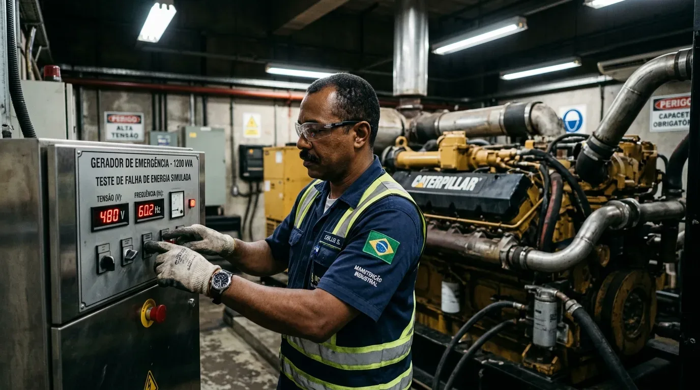 Um técnico de manutenção industrial opera o painel de controlo de um gerador de emergência durante um teste simulado, tendo ao fundo um grande motor gerador Caterpillar numa sala de máquinas.