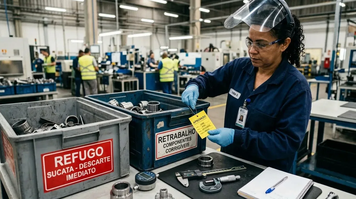 Uma inspetora de qualidade equipada com viseira e luvas afixa uma etiqueta de aprovação num componente metálico, junto a caixas de triagem para peças de retrabalho e refugo.