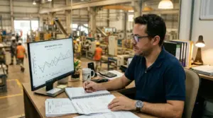 Um profissional de óculos trabalha numa secretária num escritório envidraçado dentro do complexo industrial, analisando gráficos de métricas de desempenho no ecrã do computador enquanto toma notas num caderno.