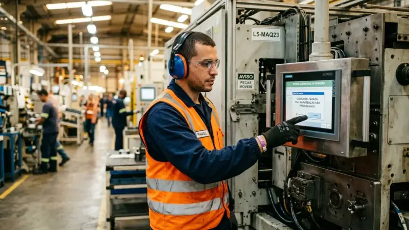 Um operador equipado com protetores auditivos e colete refletor regista uma paragem de manutenção no ecrã tátil de uma máquina industrial.