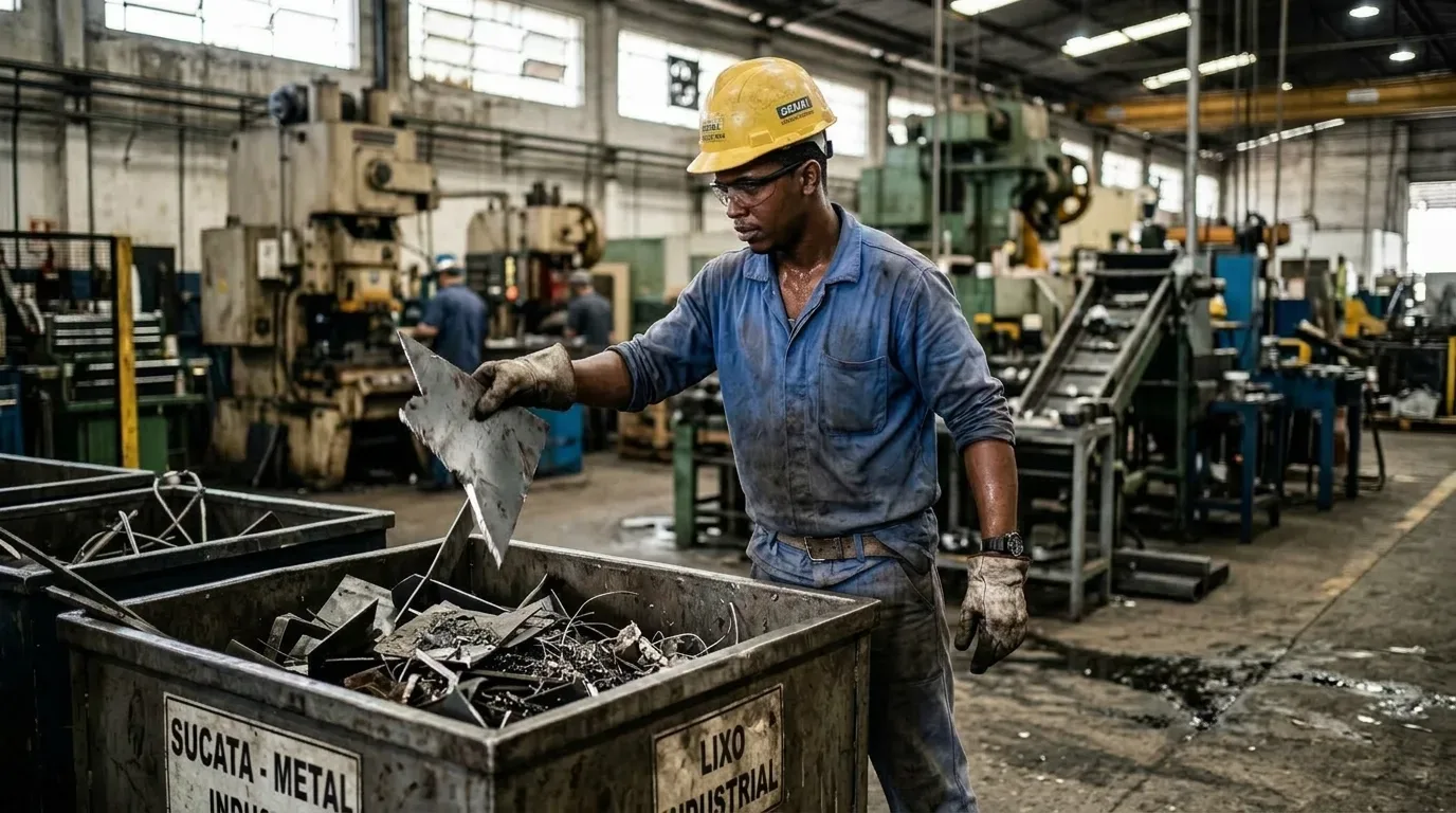 Operador de fábrica vestindo macacão azul e capacete amarelo descartando um retalho de chapa de aço em uma caçamba rotulada como "SUCATA - METAL" no chão de fábrica