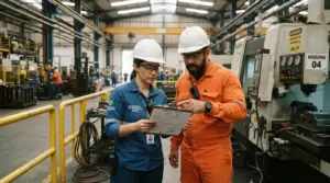 Dois trabalhadores de capacete branco, sendo uma técnica de segurança e um operador em macacão laranja, analisam uma lista de verificação numa prancheta junto a uma máquina industrial.