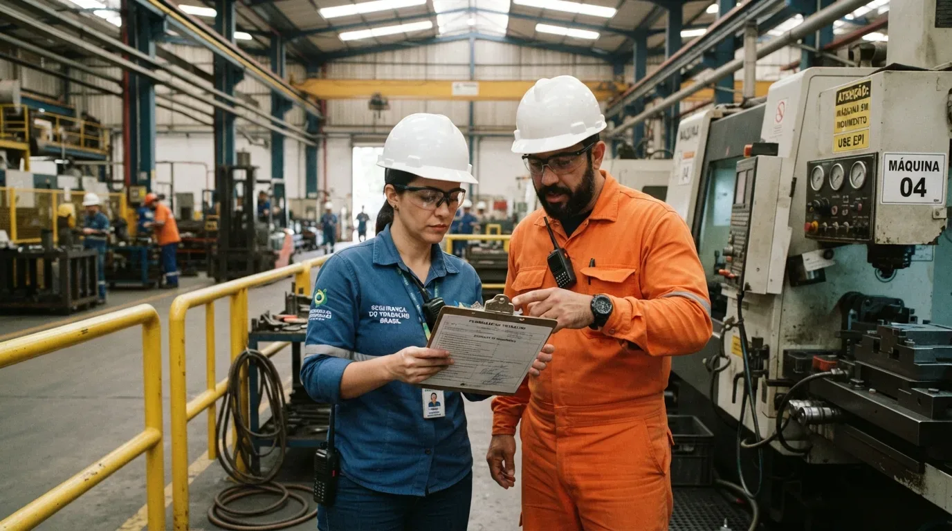 Dois trabalhadores de capacete branco, sendo uma técnica de segurança e um operador em macacão laranja, analisam uma lista de verificação numa prancheta junto a uma máquina industrial.